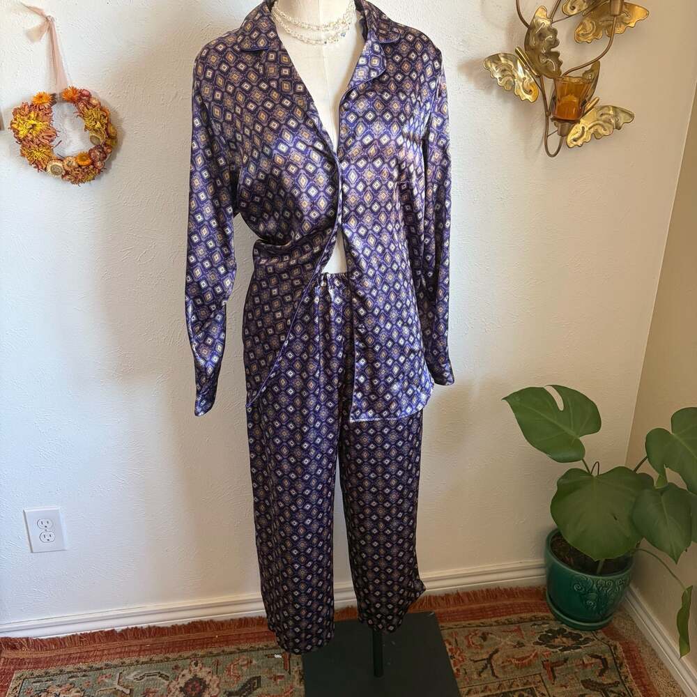 Purple Geometric Pattern Satin Pajama Set S